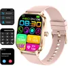 A smartwatch with a pink band and gold casing is shown, with several inset images displaying different functions and screens of the watch. Produktbild-Vorschau