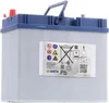 A VARTA Blue Dynamic B31 Autobatterie 12V 45Ah car battery is shown against a white background. The battery has a blue lid and a gray body. There are several warning and informational symbols on a label on the side of the battery, including a recycling sym Produktbild-Vorschau