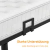 A close-up view of a mattress connector attached to a bed frame, with text overlays highlighting product features. Produktbild-Vorschau