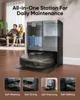 A family is relaxing in a living room while a robot vacuum cleaner is docked in its all-in-one station, with close-up shots of the station's functions at the bottom. Voir les images du produit