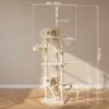 A beige cat tree with multiple levels and scratching posts, shown with dimensions and measurements indicated by lines and text. Náhled obrázku produktu