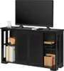 A black TV stand with a TV and accessories.
