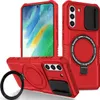 A red phone case with a magnetic ring stand and a sliding camera cover is displayed from multiple angles. Produktbild-Vorschau
