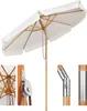 A white patio umbrella with wooden poles and metal accents, shown with close-up details of its construction. Produktbild-Vorschau
