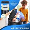 A child is shown using an automatic sensor trash can, with graphics highlighting its features. Produktbild-Vorschau