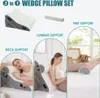A collage showing a wedge pillow set used for different support purposes: neck, lumbar, and feet. The set includes a main wedge pillow and a smaller cylindrical pillow. Náhľad obrázku produktu