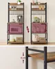 Two kitchen shelving units are shown side-by-side, with one featuring a microwave and the other a toaster and air fryer. A ruler graphic indicates adjustable shelf height. Náhled obrázku produktu