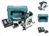 A collage of images showing a Makita cordless circular saw, its accessories, and its storage case. Produktbild-Vorschau