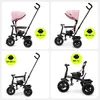 A collage of four images showing a pink and black tricycle in different configurations for different age groups. Produktbild-Vorschau