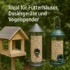 Three bird feeders are displayed in an outdoor setting with trees in the background. The text at the top suggests they are ideal for bird feeders, dispensers, and bird feeders. Produktbild-Vorschau