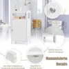 A white bathroom cabinet is shown in a bathroom setting, with close-up insets highlighting its features. Náhled obrázku produktu