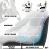 Diagram showing the ergonomic support features of a seat cushion, with illustrations of a person sitting before and after using the cushion. Produktbild-Vorschau