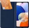 A dark blue flip case for a smartphone is open, showing a credit card inserted into a slot on the left side and the smartphone screen on the right side. Anteprima dell’immagine prodotto