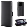 Collage of a black leather flip phone case, showing the exterior, interior, and the phone in use. Produktbild-Vorschau