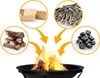 Collage showing different types of fuel (logs, briquettes, twigs, coal) being added to a fire pit. Anteprima dell’immagine prodotto