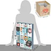 A diagram showing the dimensions of a blue advent calendar with 24 drawers, next to a silhouette of a person. A separate diagram shows the dimensions of a small box with a lion illustration. Náhľad obrázku produktu