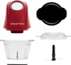 A collection of parts for a Russell Hobbs mini chopper, including the main unit, lid, bowl, and blade assembly. Produktbild-Vorschau