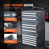 A dark gray multi-drawer organizer cabinet is shown on a workbench, with close-up insets highlighting its features. Anteprima dell’immagine prodotto