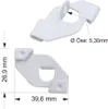 Two views of a white plastic mounting clip with dimensions indicated. Produktbild-Vorschau