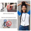 A collage of images showing a phone lanyard and its benefits, with a model wearing the lanyard in the main image. Produktbild-Vorschau