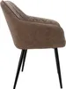 A side view of a brown upholstered dining chair with black metal legs. Náhľad obrázku produktu