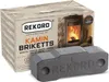 A box of Rekord Kamin Briketts with a single briquette in the foreground. Produktbild-Vorschau