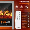 A marketing image showing an electric fireplace with a remote control and feature icons. Produktbild-Vorschau