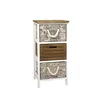 A three-drawer storage unit with a wooden top and a wooden drawer, and two fabric drawers with a newspaper print and rope handles. Náhľad obrázku produktu