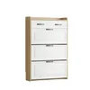 A white and natural wood shoe cabinet with multiple drawers and flip-out compartments, presented against a plain white background. Náhľad obrázku produktu