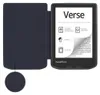 A dark blue e-reader case is shown open, revealing a PocketBook e-reader with a screen displaying text and feature icons. Produktbild-Vorschau
