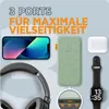 A power bank is shown with various electronic devices it can charge, including a smartphone, wireless earbuds, headphones, and a smartwatch. Text highlights the product's features. Produktbild-Vorschau