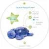 A plush turtle toy with informational graphics around it. Voir les images du produit