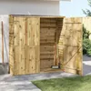 A wooden garden shed with its doors open, showing gardening tools inside. Náhled obrázku produktu
