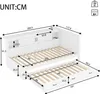 A diagram showing the dimensions of a white daybed with a pull-out trundle bed. Produktbild-Vorschau