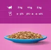 A chart showing feeding guidelines for cats based on weight, with an image of cat food in a bowl. Produktbild-Vorschau