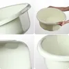 A collage of four close-up images of a cream-colored plastic basin, showing different angles and details. Produktbild-Vorschau