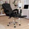 A black office chair with a footrest is shown in a home office setting. Produktbild-Vorschau