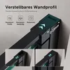 Close-up view of a black adjustable wall profile for a shower door, showing its extension mechanism and features. Produktbild-Vorschau