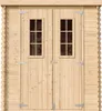 Front view of a wooden garden shed with double doors and two windows. Podgląd zdjęcia produktu
