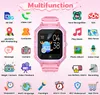A pink smartwatch with various feature icons surrounding it, presented on a light pink and white background. Produktbild-Vorschau