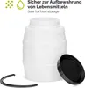 A white plastic barrel with a black lid and a black handle accessory, set against a white background. Text indicating safe food storage is present in the upper left corner. Voir les images du produit