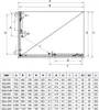 A technical drawing of a shower cabin with a table of dimensions. Anteprima dell’immagine prodotto