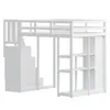 A white loft bed with stairs and shelves against a white background. Produktbild-Vorschau