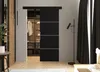 A modern bedroom with a sliding door leading to a walk-in closet. Produktbild-Vorschau