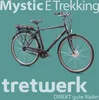 A black electric trekking bicycle is shown against a teal background with text overlays. Voir les images du produit