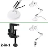 A collage of images showing a white desk lamp with a flexible arm and a black clamp. Produktbild-Vorschau