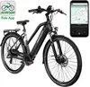 A black electric bicycle is shown from the side, with a smartphone displaying a map and speed gauge next to it. Voir les images du produit