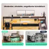 A collage of images showcasing an L-shaped desk with different features and dimensions, comparing its legroom to other desks. Produktbild-Vorschau