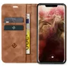 A brown leather flip case for a smartphone, open to reveal the phone screen and card slots. Produktbild-Vorschau