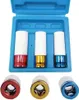 A set of three colored socket wrenches in a blue case, with the bottom parts of the wrenches shown separately below. Voir les images du produit